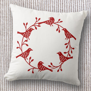 Bird Wreath Red on White Modern Scandi Throw Pillow