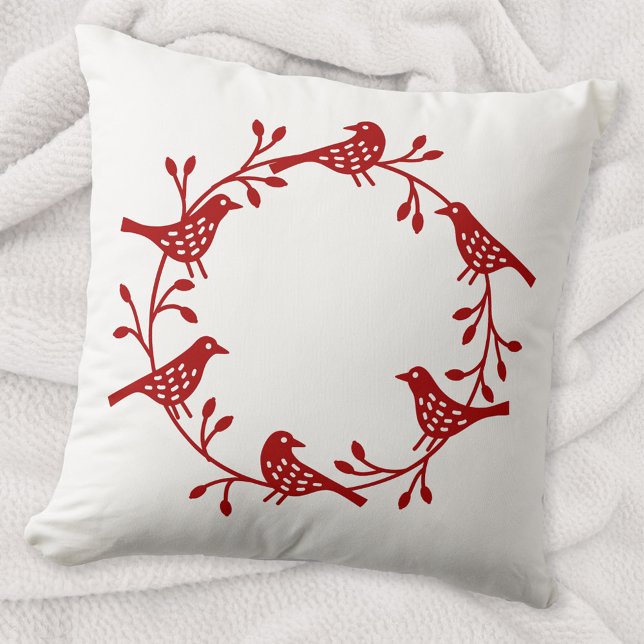 Bird Wreath Red on White Modern Scandi Throw Pillow (Scandinavian red and white bird wreath minimalist festive Christmas throw pillow)