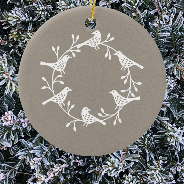 Bird Wreath White on Neutral Modern Scandi Ceramic Ornament (Nordic Scandinavian bird wreath ornament)