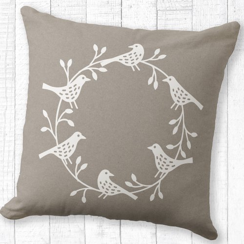 Bird Wreath White on Neutral Modern Scandi Throw Pillow