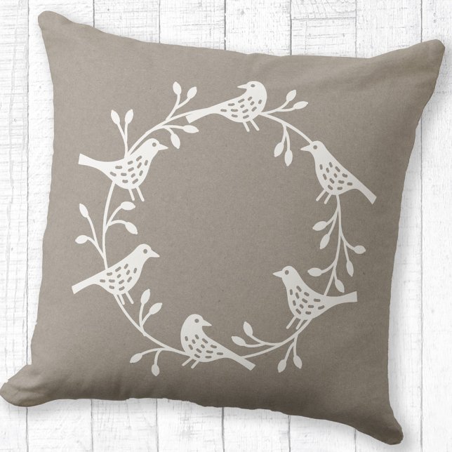 Bird Wreath White on Neutral Modern Scandi Throw Pillow (Brown and white Scandinavian bird wreath pillow)
