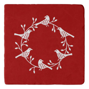 Bird Wreath White on Red Modern Scandi Festive Trivet