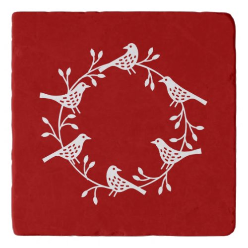 Bird Wreath White on Red Modern Scandi Festive Trivet