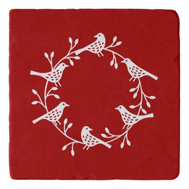 Bird Wreath White on Red Modern Scandi Festive Trivet (Front)