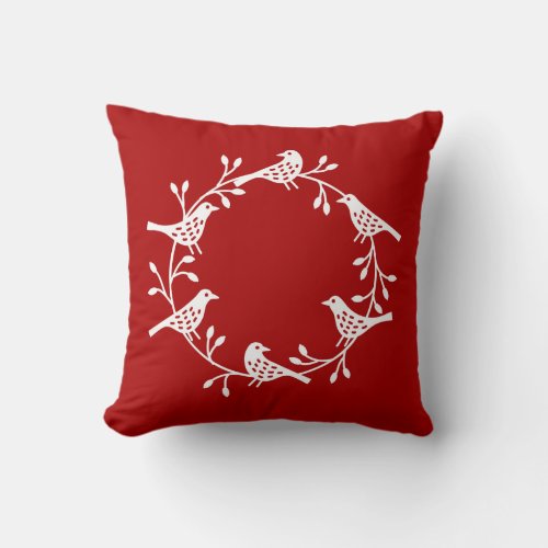 Bird Wreath White on Red Modern Scandi Throw Pillow