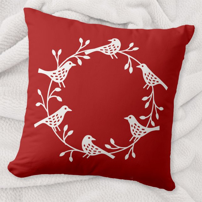 Bird Wreath White on Red Modern Scandi Throw Pillow (Scandinavian red and white bird wreath minimalist festive Christmas pillow)