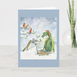 Birdbath Holiday Dragon - Greeting card