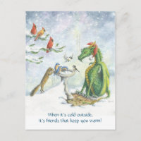 Birdbath Holiday Dragon postcard