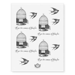 Birdcage and bird vintage inspired and quote, temporary tattoos