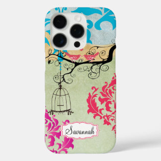Birdcage Bird Pink Coral Aqua Damask iPhone 16 Pro Case