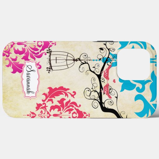 Birdcage Bird Pink Coral Aqua Damask iPhone Case Zazzle