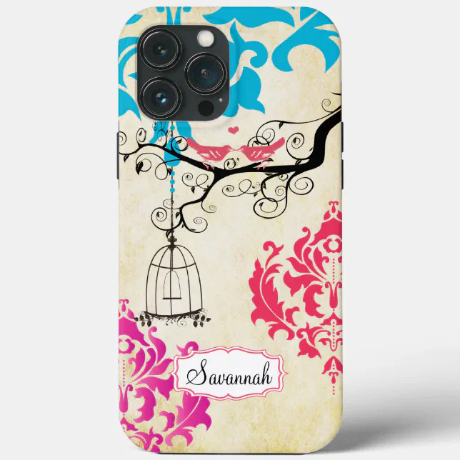 Birdcage Bird Pink Coral Aqua Damask iPhone Case Zazzle