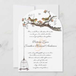 Birdcage Coral & Gray Vintage Birds Wedding Invite