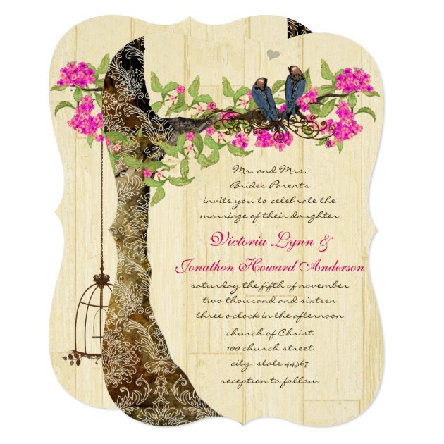 Birdcage Pink Navy Vintage Birds Wedding Damask Invitation