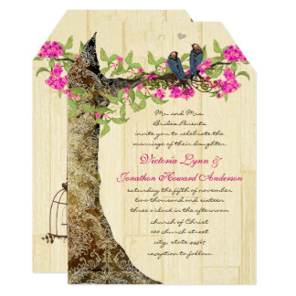 Birdcage Pink Navy Vintage Birds Wedding Damask Invitation