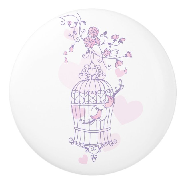 Birdcage two love birds hearts purple doorknob ceramic knob (Front)
