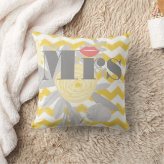 Birde Mrs Lips Grey Peach and Yellow Zig Zag Throw Pillow