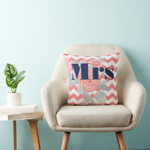 Birde Mrs Lips Navy Coral Grey Zig Zag Floral Throw Pillow