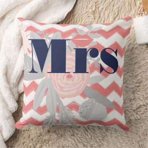 Birde Mrs Lips Navy Coral Grey Zig Zag Floral Throw Pillow