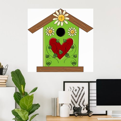 Birdhouse and Daisies Poster