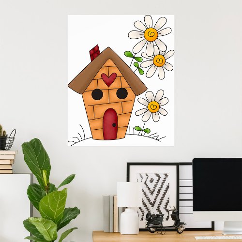Birdhouse And Flowers Poster