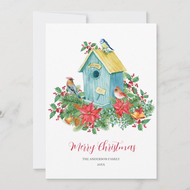 Birdhouse Birds Winter Watercolor Christmas Thank You Card (Front)