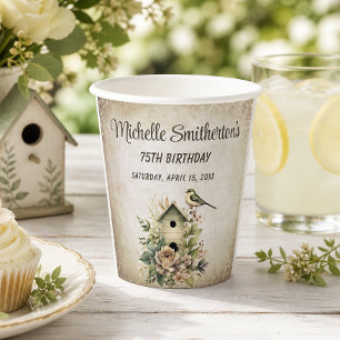 Birdhouse Botanical Nature 75th Birthday Paper Cups