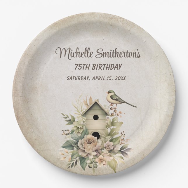 Birdhouse Botanical Nature 75th Birthday  Paper Plates (Front)