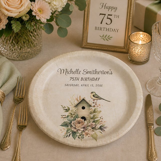 Birdhouse Botanical Nature 75th Birthday  Paper Plates (Rustic birdhouse birthday party paper plate)
