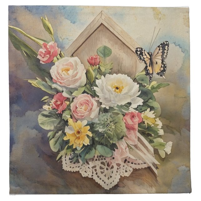 Birdhouse Bouquet - Cotton Napkin (Front)