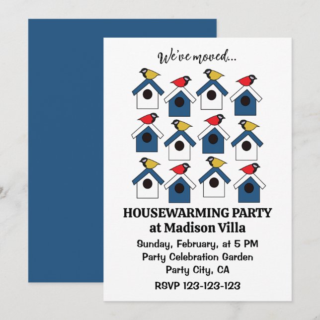 Birdhouse Colorful Birds We've Moved Birdhouse Invitation (Front/Back)