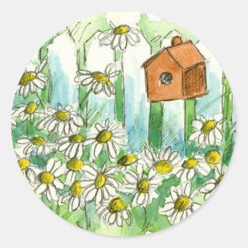 Birdhouse Daisy Garden Watercolor Flowers Classic Round Sticker by CountryGarden at Zazzle
