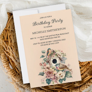 Birdhouse Elegant Flowers Women's Birthday Party Invitation