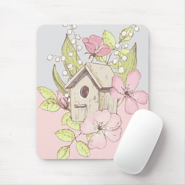 Birdhouse Floral Colorblock Mouse Pad (With Mouse)