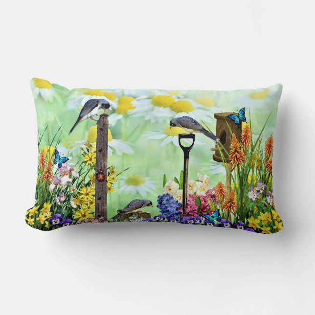 Birdhouse Flower Garden Lumbar Pillow (Front)