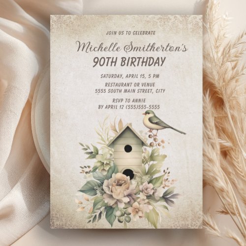 Birdhouse Flowers Rustic Vintage 90th Birthday Invitation