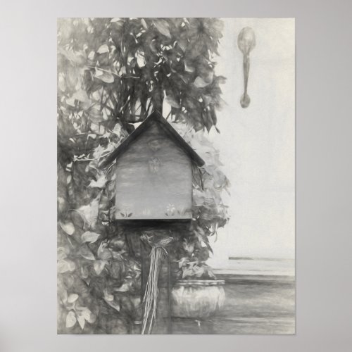 Birdhouse Vintage Rustic Black And White Sketch Poster