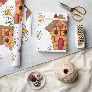 Birdhouse with Daisies and Heart Folk Art Wrapping Paper
