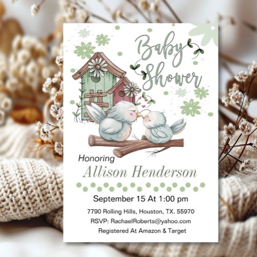 Birdhouse With Mom And Baby Bird  Baby Shower   Invitation