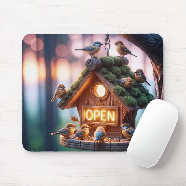 Birdhouse With Neon Open Sign Mouse Pad (With Mouse)