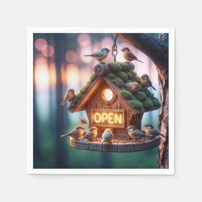 Birdhouse With Neon Open Sign Napkins (Front)