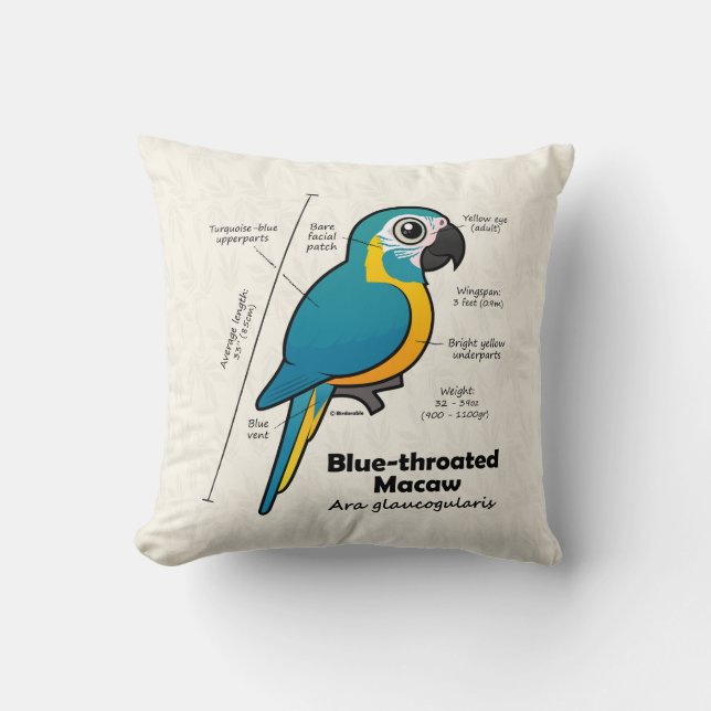 Birdorable Blue-throated Macaw Statistics Throw Pillow (Front)