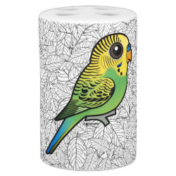 Customizable Green Budgie Toothbrush Holder and Soap Dispenser Set