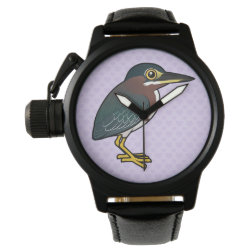 Cute Green Heron Men's Crown Protector Black Leather Strap Watch