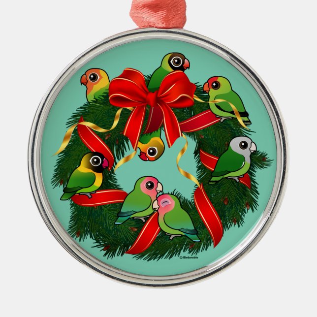 Birdorable Lovebirds Christmas Wreath Metal Ornament (Front)