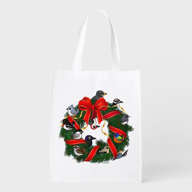 Birdorable NA Backyard Birds Christmas Wreath Grocery Bag (Back)