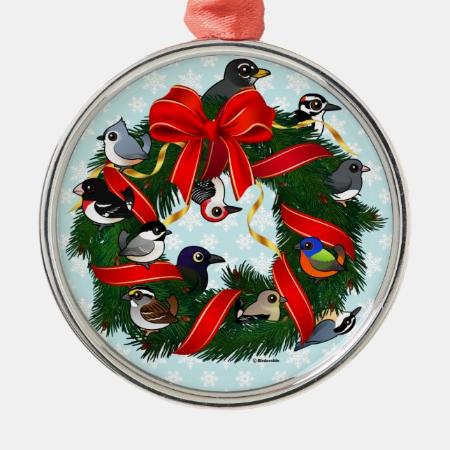 Birdorable NA Backyard Birds Christmas Wreath Metal Ornament (Front)