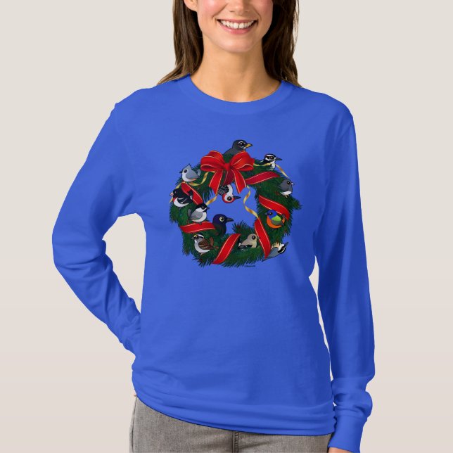 Birdorable NA Backyard Birds Christmas Wreath T-Shirt (Front)