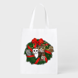 Birdorable Owls Christmas Wreath Reusable Grocery Bag