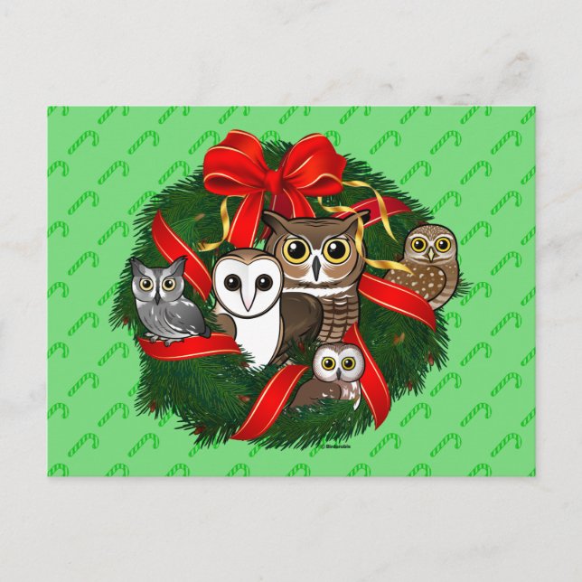 Birdorable Owls Christmas Wreath Holiday Postcard (Front)